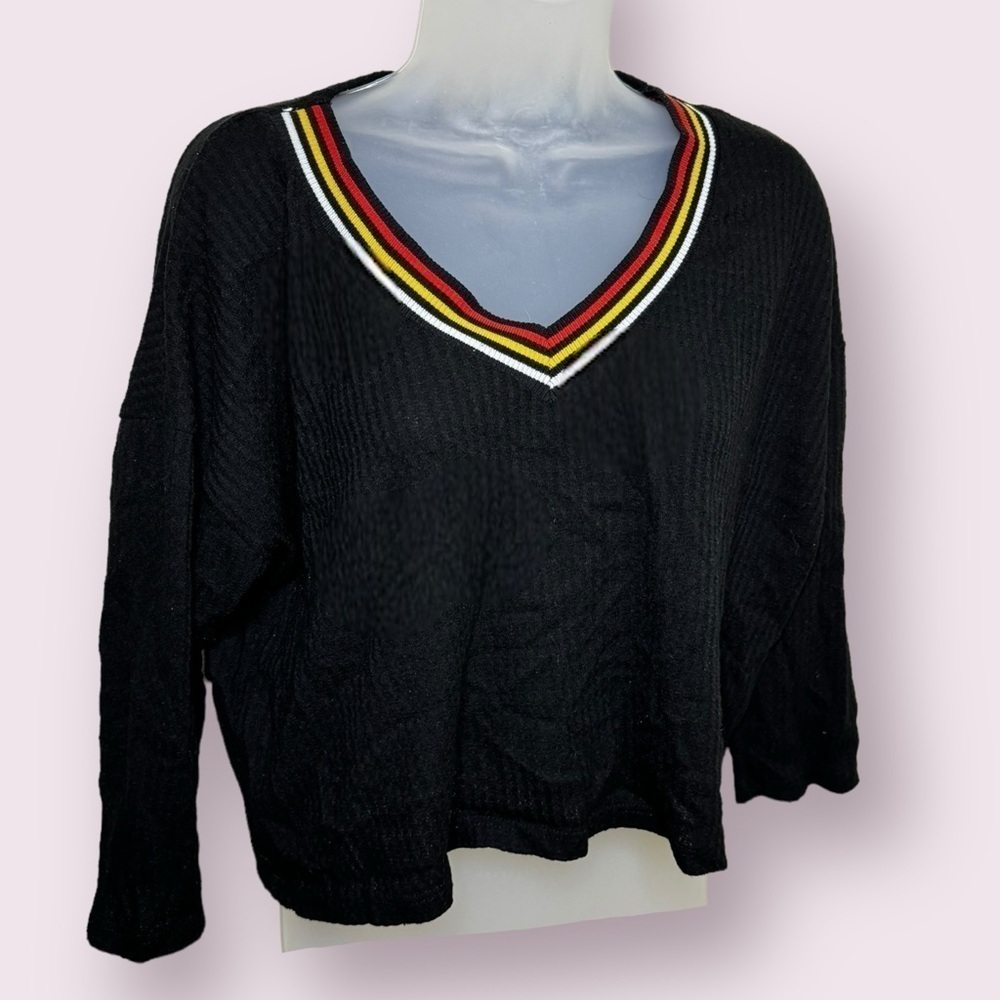 Cropped Long Sleeve Top Rainbow Trim V Neck Casual Y2K Style XL